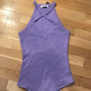 Purple Cross Neck Cutout Bodysuit
